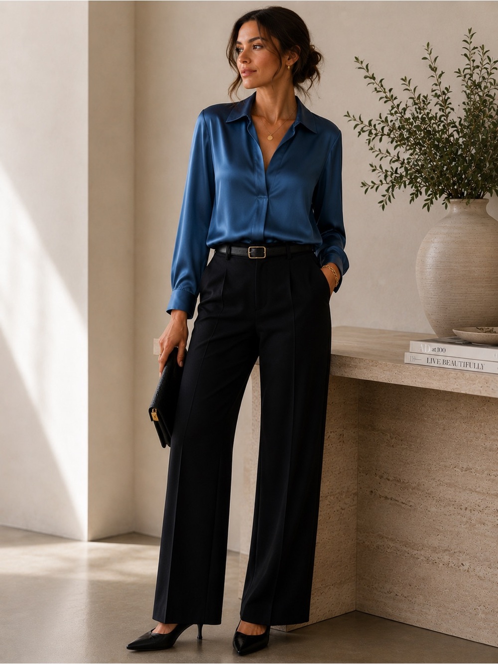 HUSH Blue Satin V-Neck Blouse Size 10 Sophisticated Minimalist